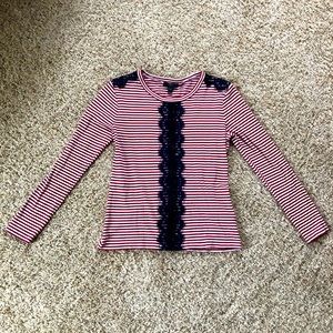 J. Crew Red White Striped Long Sleeve Shirt with Blue Lace Size XS